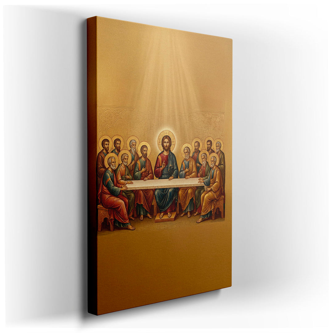 The Last Supper wall art depicts Jesus and his disciples, showcasing a revered religious scene on a gold backdrop.
