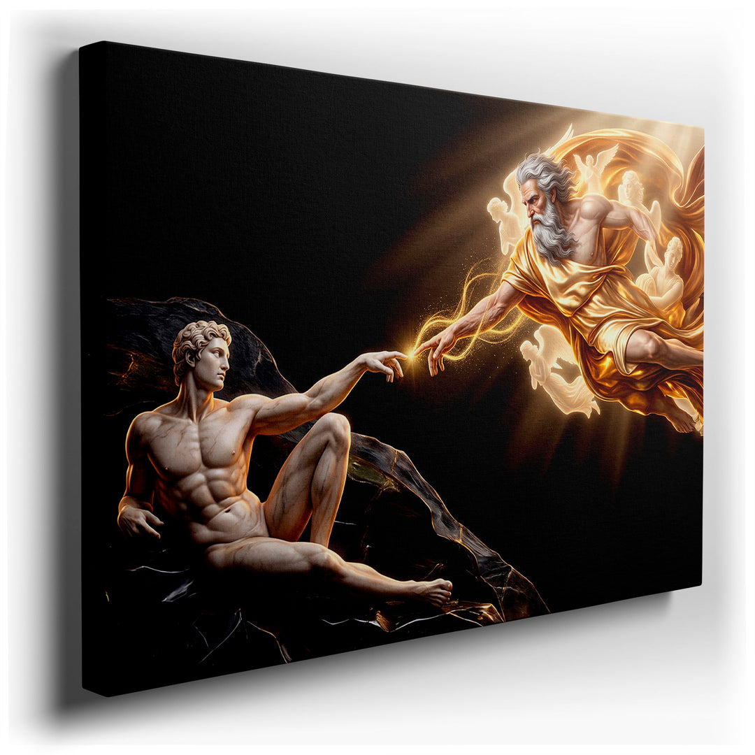 Stunning wall art depicts Michelangelo's Creation of Adam with God and Adam reaching out amid golden light and angelic figures.