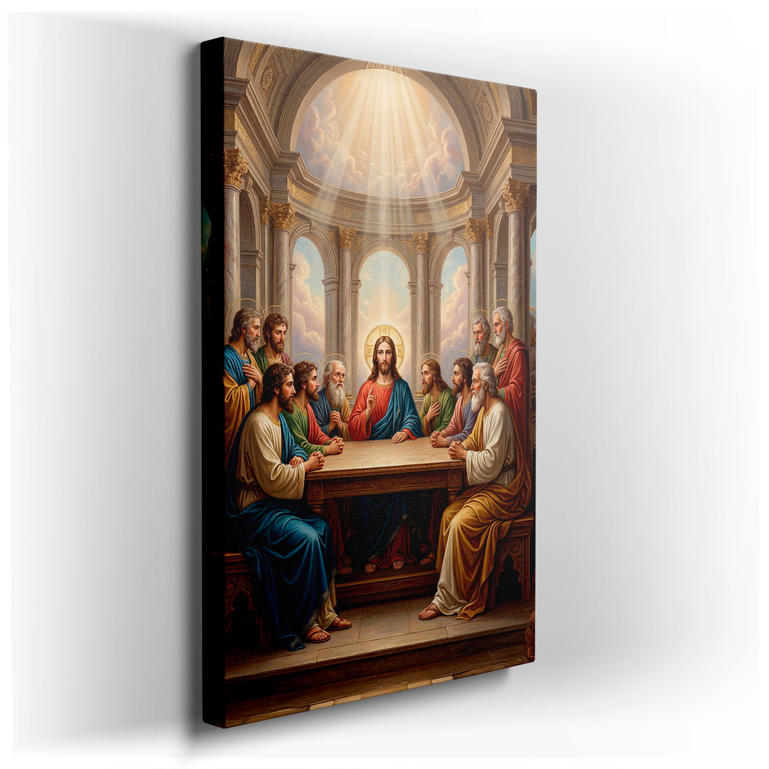 A canvas wall art depiction of The Last Supper, portraying Jesus and his disciples at a table in a grand hall.