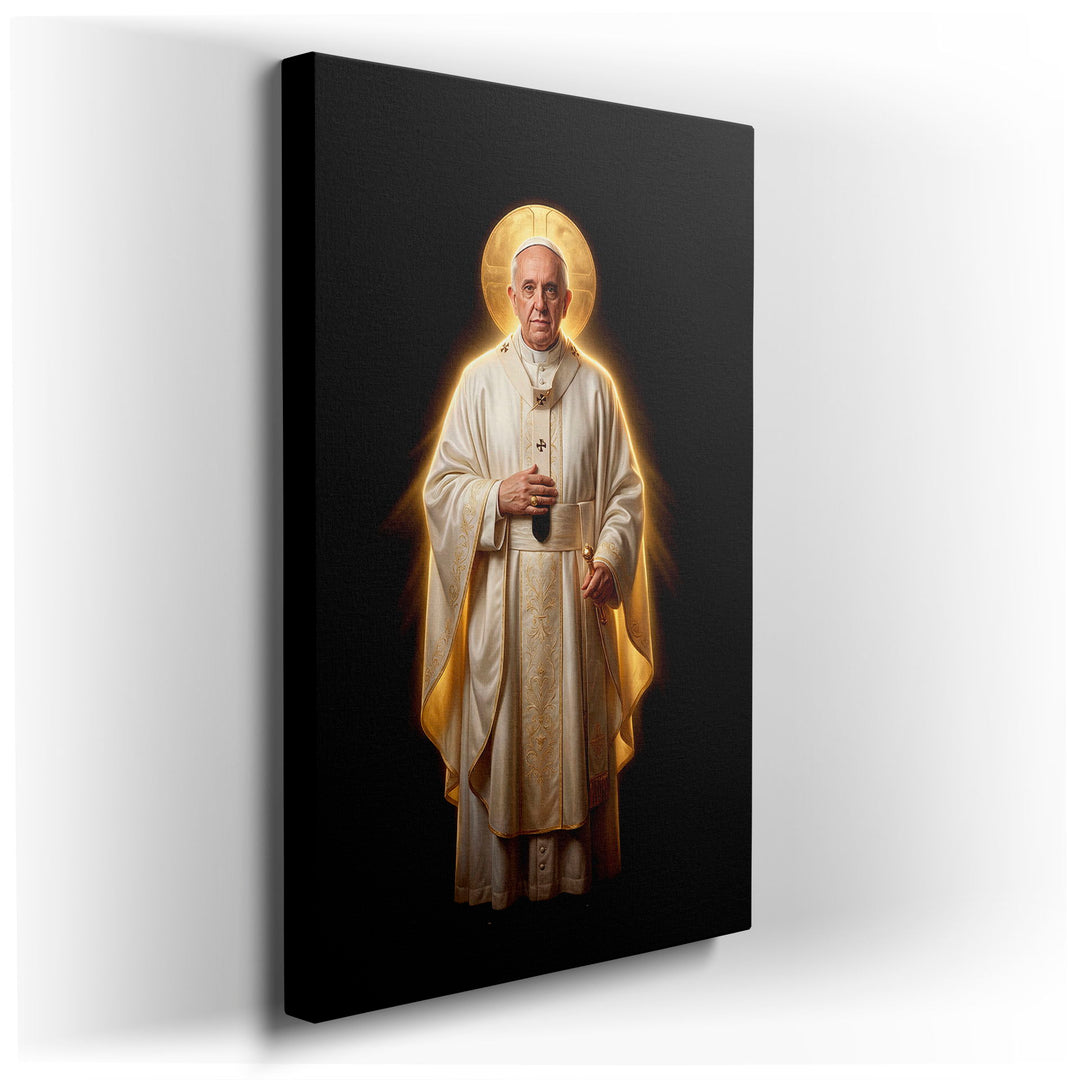 Portrait of Pope Francis wearing papal robes and a mitre, depicted with a golden halo in religious wall art.