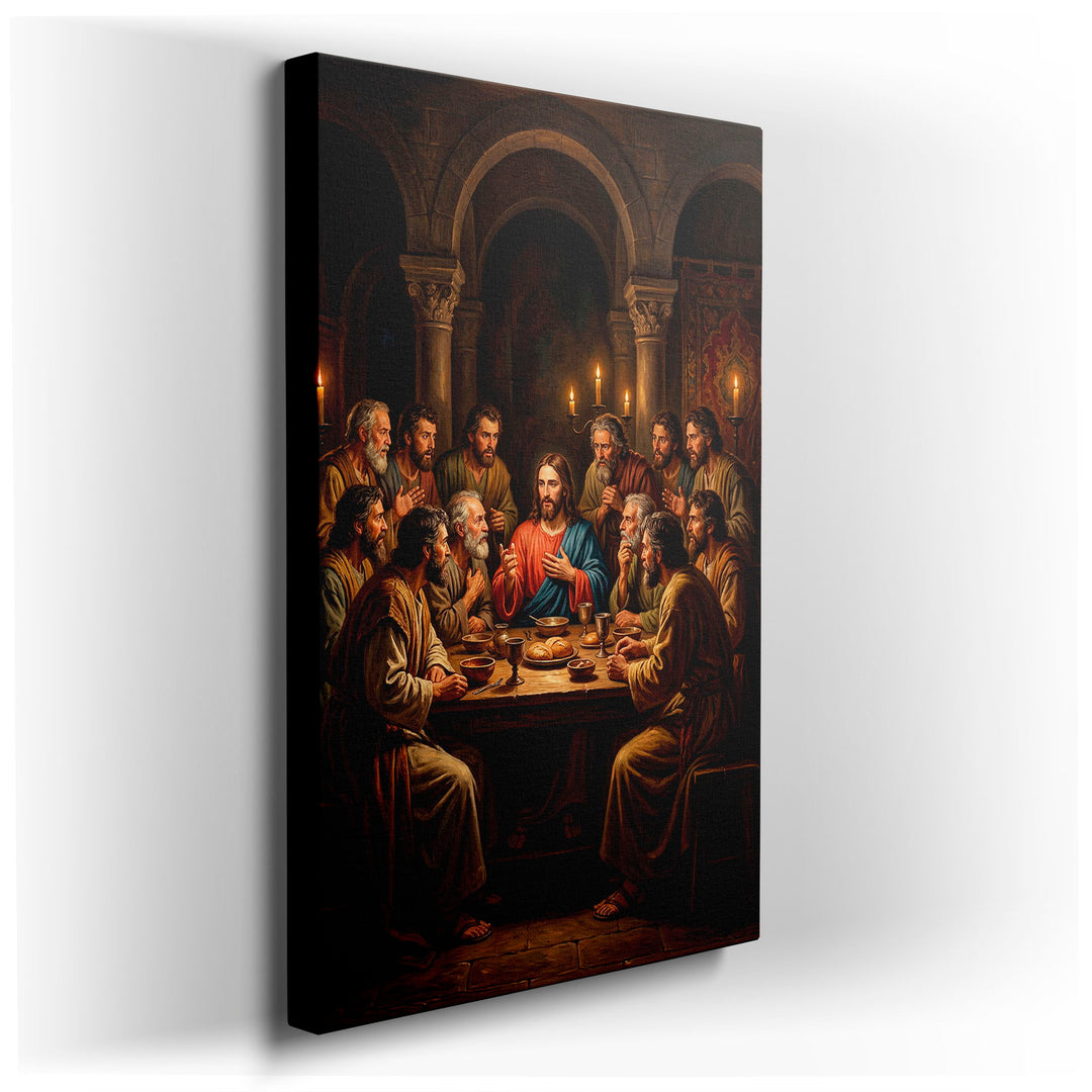 Classic wall art depicting The Last Supper with Jesus and his disciples gathered around a table in a candlelit room.