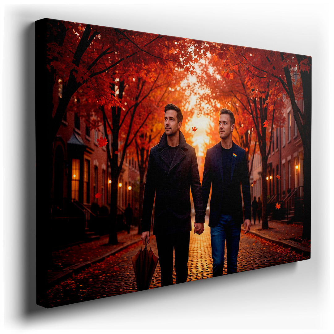 Two men stroll a cobblestone street lined with trees in full autumn color; romantic wall art for seasonal decor.
