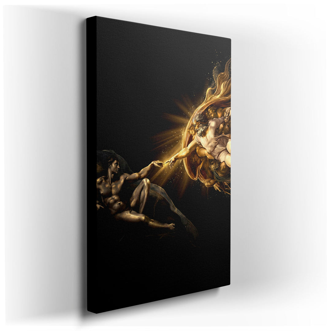 Renaissance-style wall art depicting God and Adam's fingers almost touching, bathed in radiant gold light and celestial details.