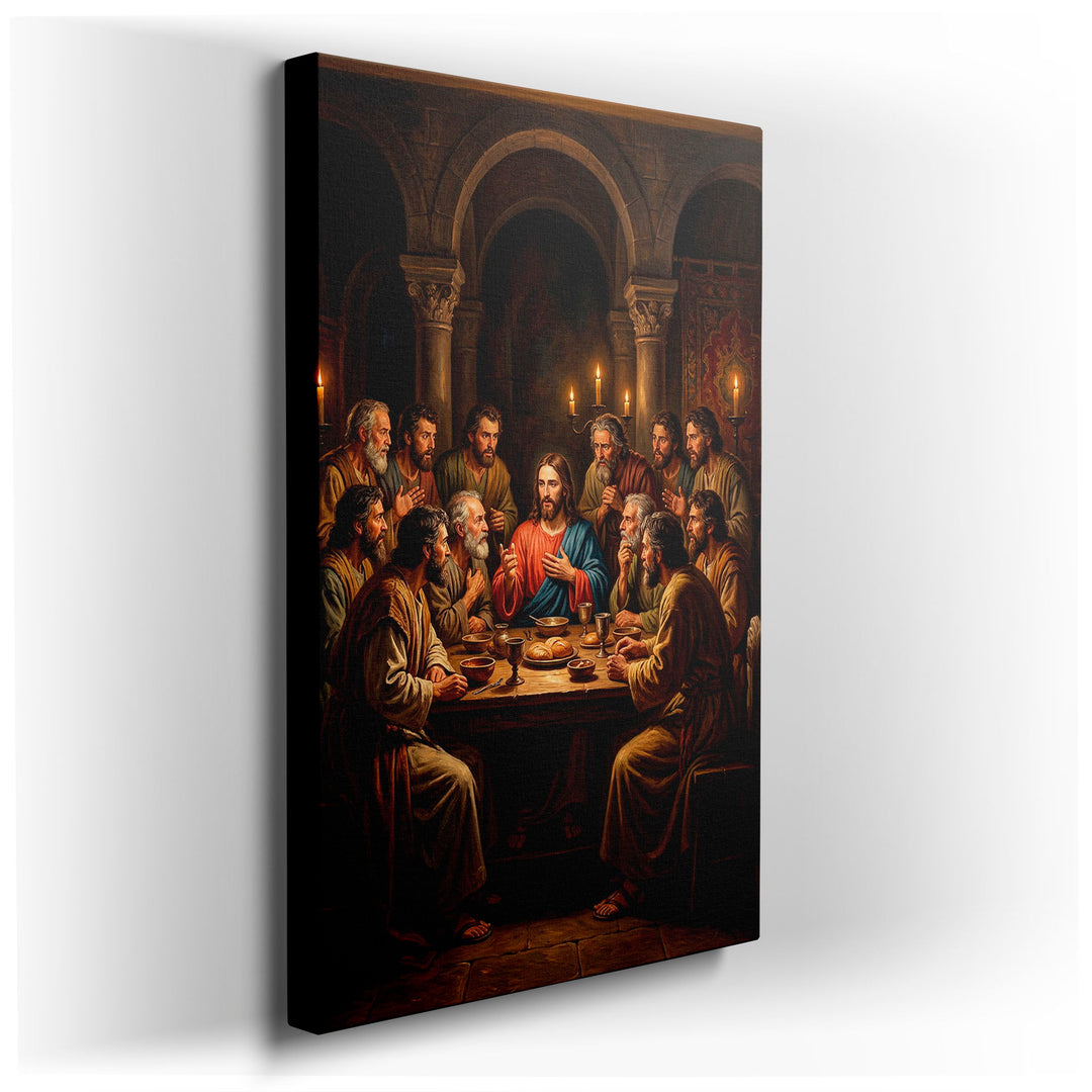 The Last Supper wall art depicting Jesus and his disciples at the table, set in a classically styled architectural room.