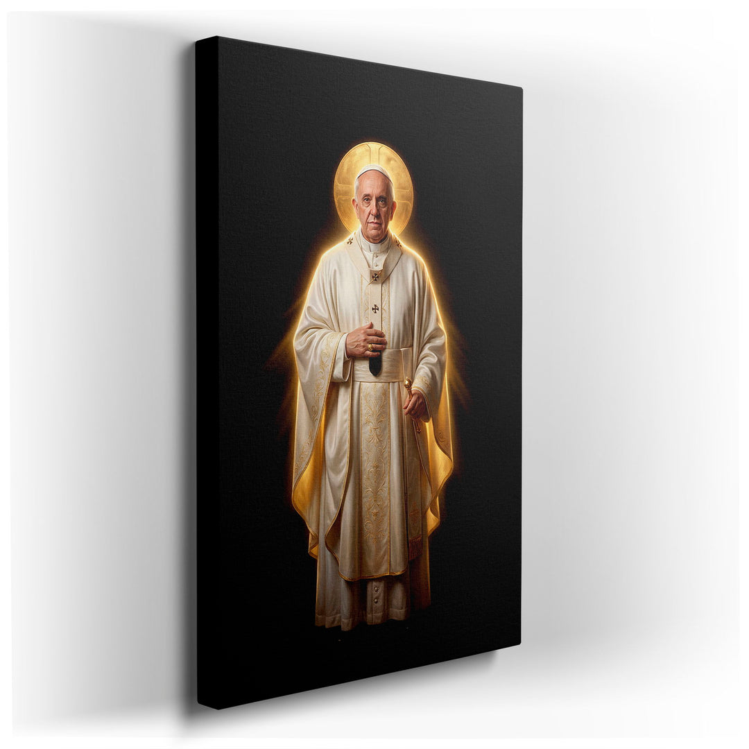 A digital portrait of Pope Francis in ornate robes with a golden halo, ideal as religious-themed wall art.