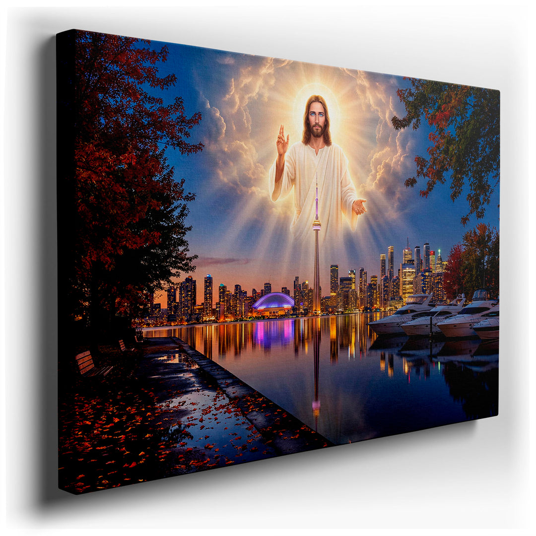 Canvas wall art depicts Jesus overlooking the Toronto skyline, blending spiritual art with a vibrant urban scene.