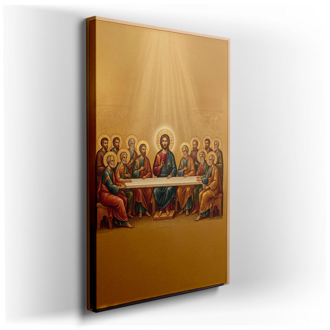 The Last Supper wall art depicting Jesus and his disciples at the table with golden light, rendered in a classic, detailed style.