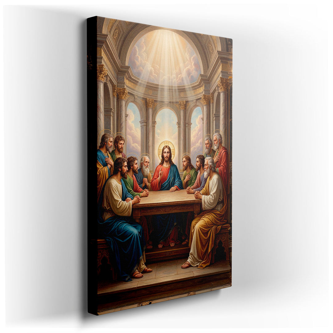 The Last Supper wall art depicting Jesus and his disciples at a table, bathed in light, enriching home decor.