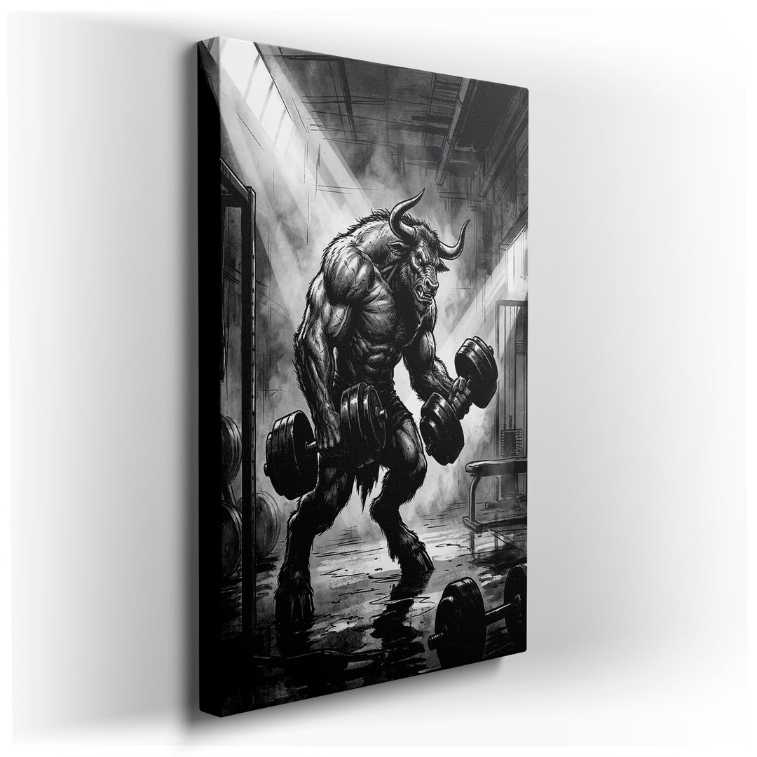 Black and white wall art of a muscular Minotaur weightlifting in a gritty, urban gym setting, showcasing intense determination.