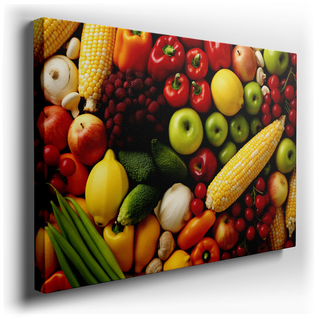 canvas print on wrapped canvas for wall decor – This wall art is a captivating celebration of nature's bounty, meticulously composed to showcase an array of fresh fruit...