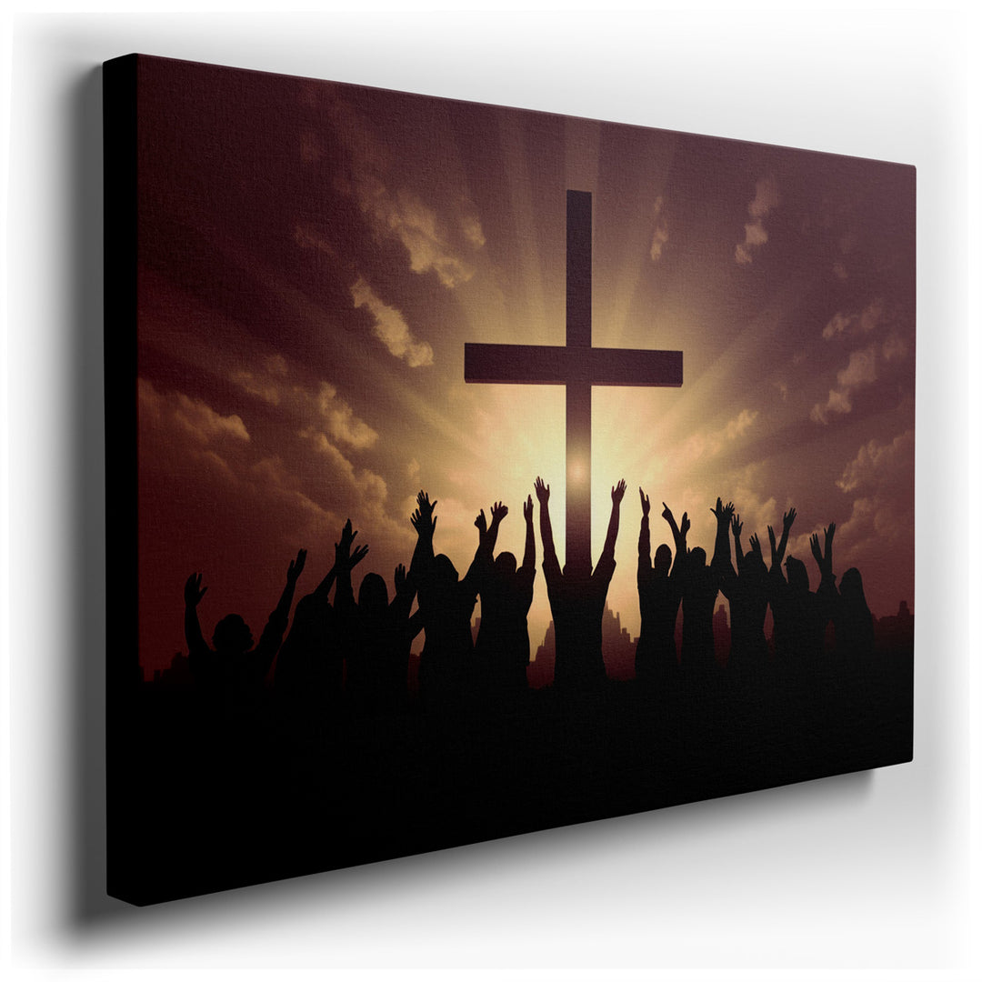 canvas print on wrapped canvas for wall decor – This wall art captures a profoundly moving scene of a crowd gathered in a moment of collective celebration and worship,...