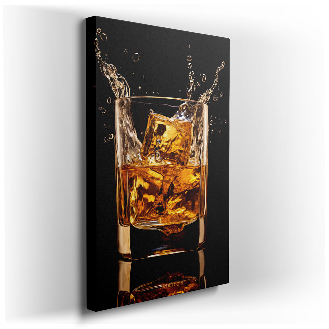 canvas print on wrapped canvas for wall decor – This wall art vividly captures the essence of a moment of indulgence—a whiskey glass brimming with ice, where each cube...
