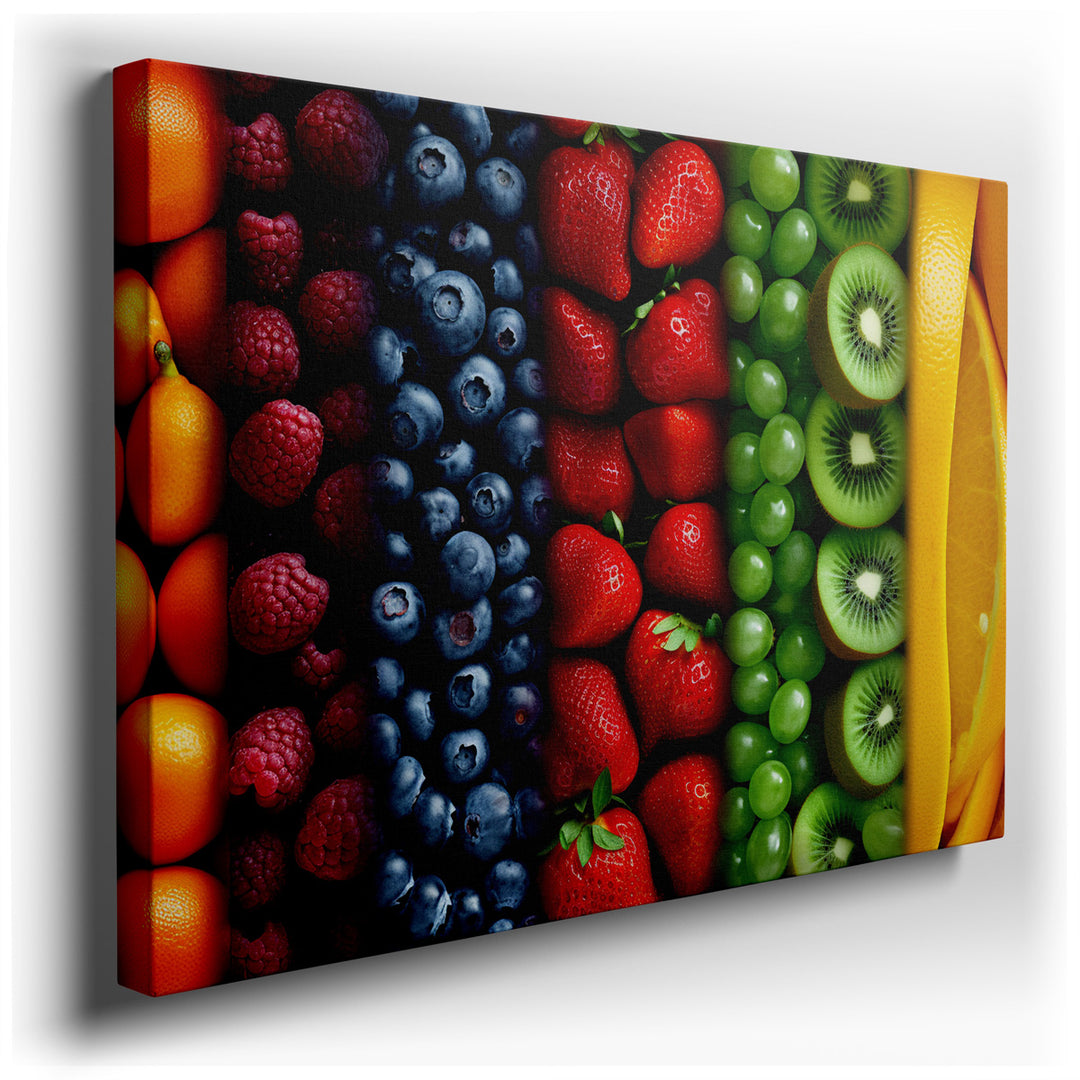canvas print on wrapped canvas for wall decor – This wall art, a captivating composition of assorted berries and fruits, meticulously arranged in a segmented pattern, i...