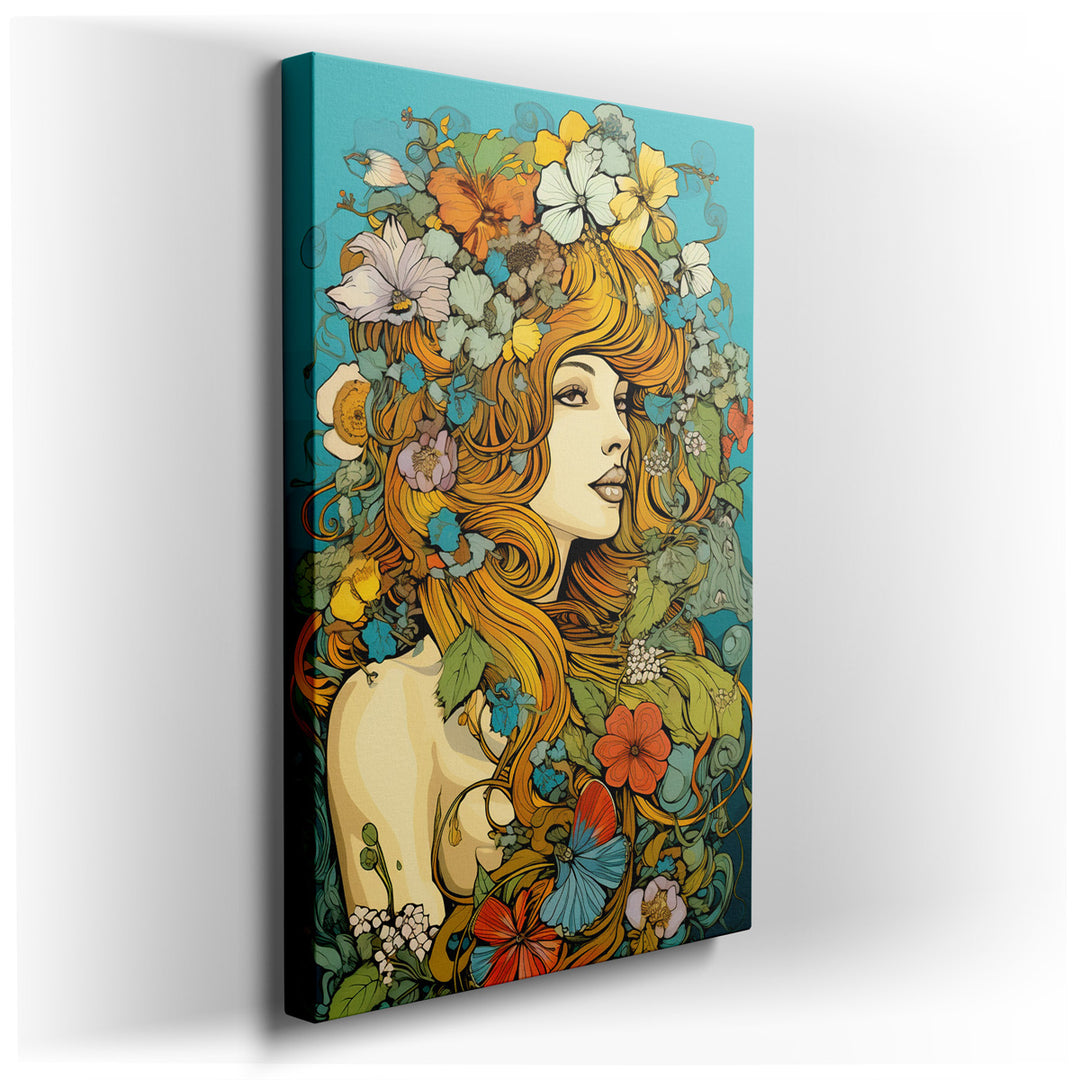 canvas print on wrapped canvas for wall decor – This exquisite wall art captures the essence of femininity and nature through a stylized portrait of a woman enveloped i...