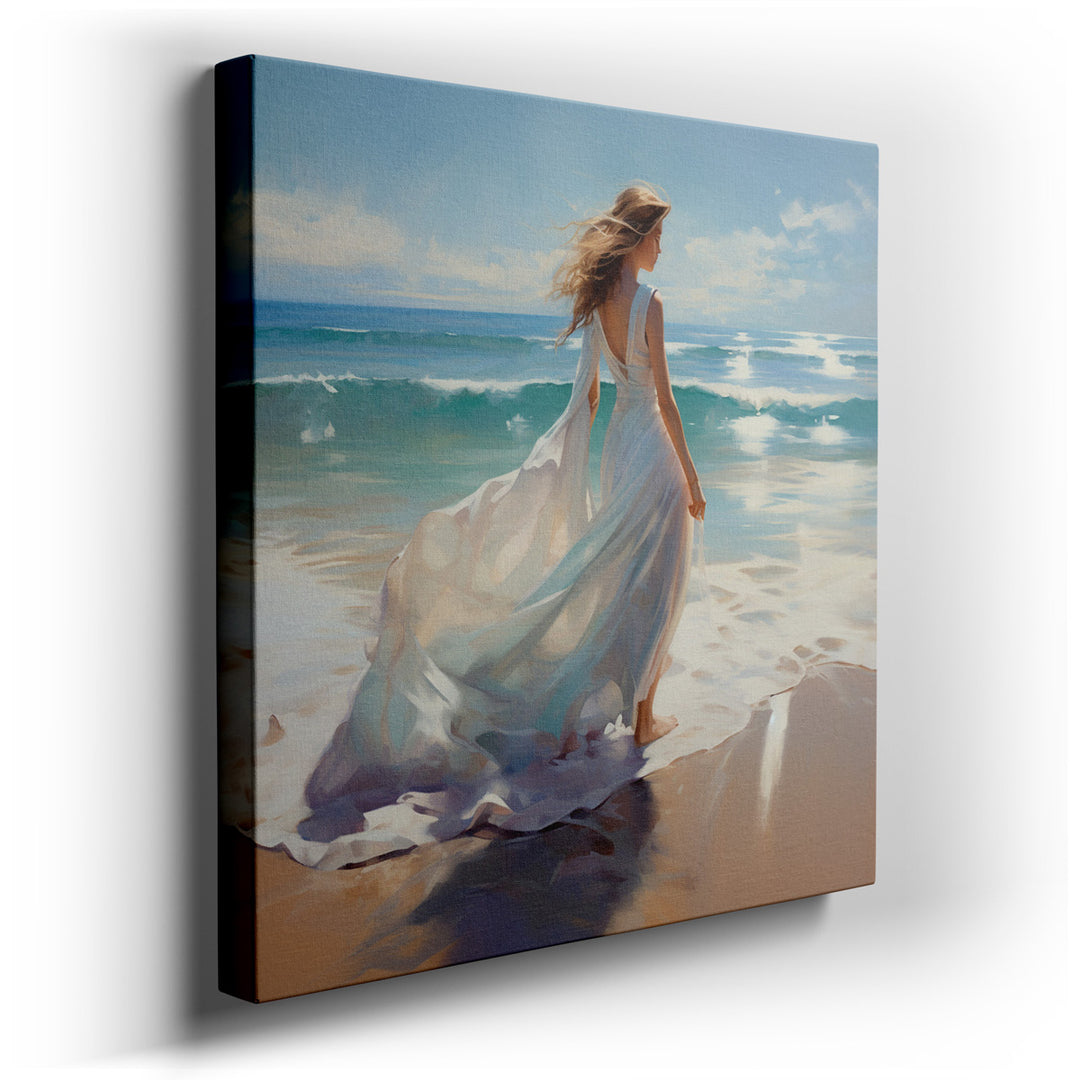 canvas print on wrapped canvas for wall decor – This wall art, a mesmerizing depiction of a solitary figure clad in a flowing white garment, gracefully traversing a sun...