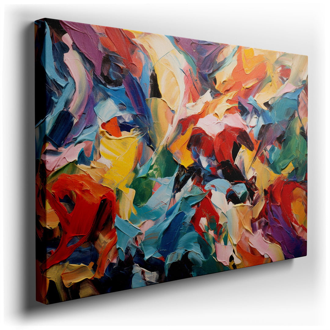 canvas print on wrapped canvas for wall decor – This captivating abstract wall art is a masterful display of vibrant colors and dynamic shapes, creating a mesmerizing c...