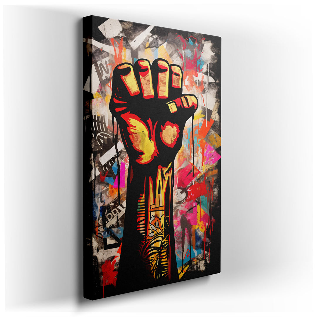canvas print on wrapped canvas for wall decor – This evocative wall art captures the essence of defiance and empowerment through its central motif—a raised fist, an end...