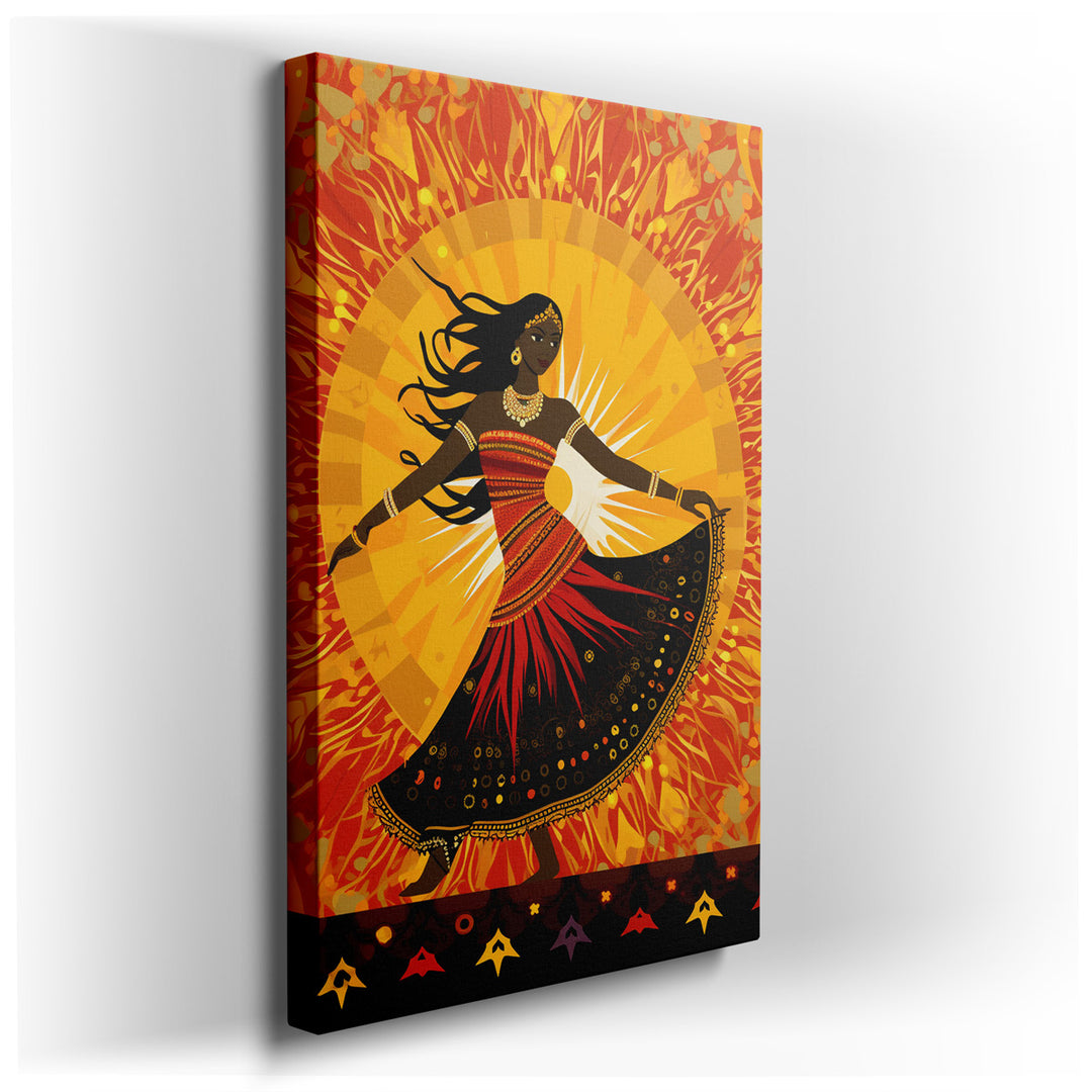 canvas print on wrapped canvas for wall decor – This wall art, a vivid and dynamic representation of a female dancer clad in a striking ensemble of red and black, is a...