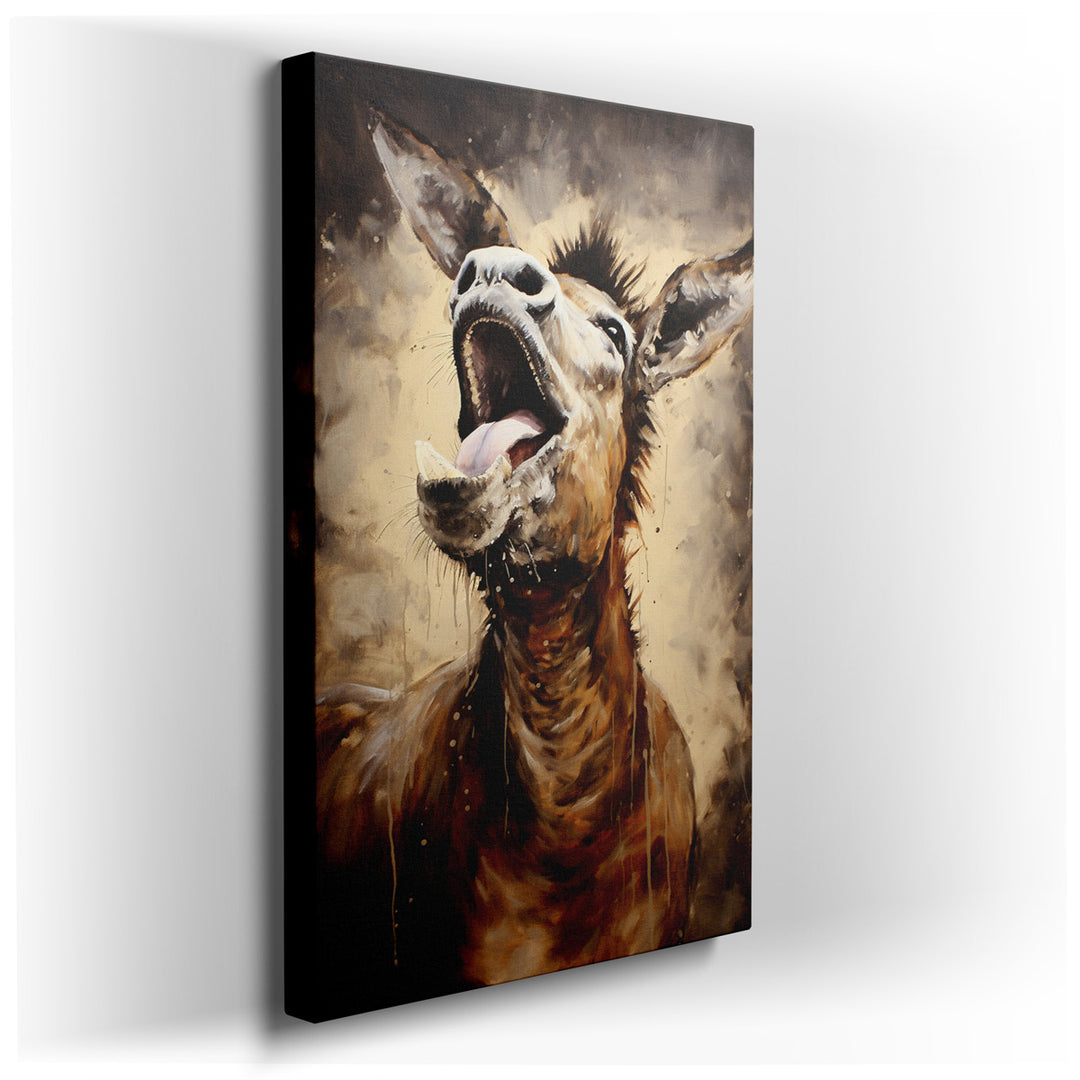 canvas print on wrapped canvas for wall decor – This wall art is a vibrant and captivating depiction of a braying donkey, rendered with such expressive detail that it a...