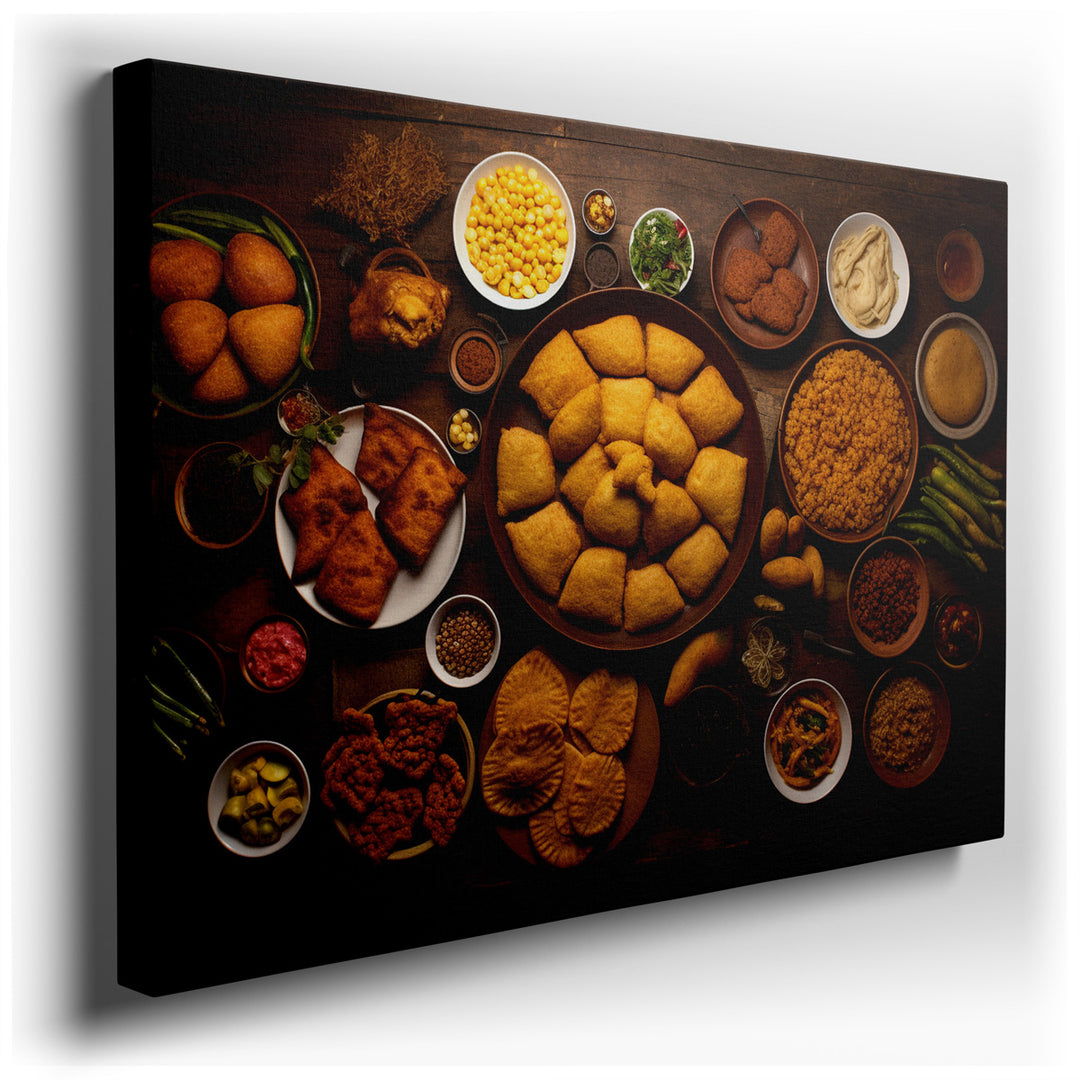 canvas print on wrapped canvas for wall decor – This wall art is a vibrant and colorful representation of traditional Indian cuisine, capturing the essence and diversit...