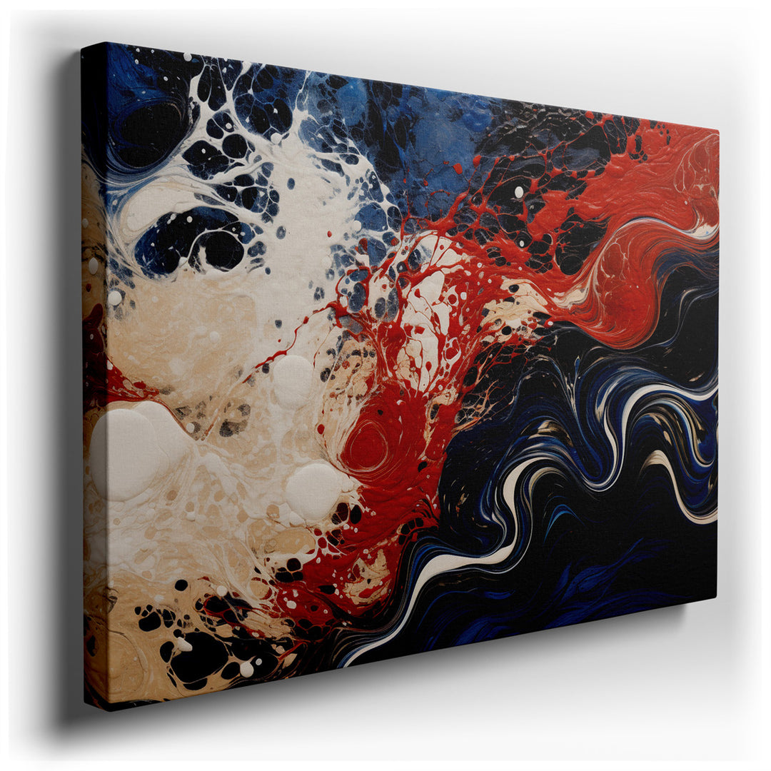 canvas print on wrapped canvas for wall decor – This wall art is a captivating masterpiece that embodies a vibrant fusion of red, blue, and white tones, intermingling i...