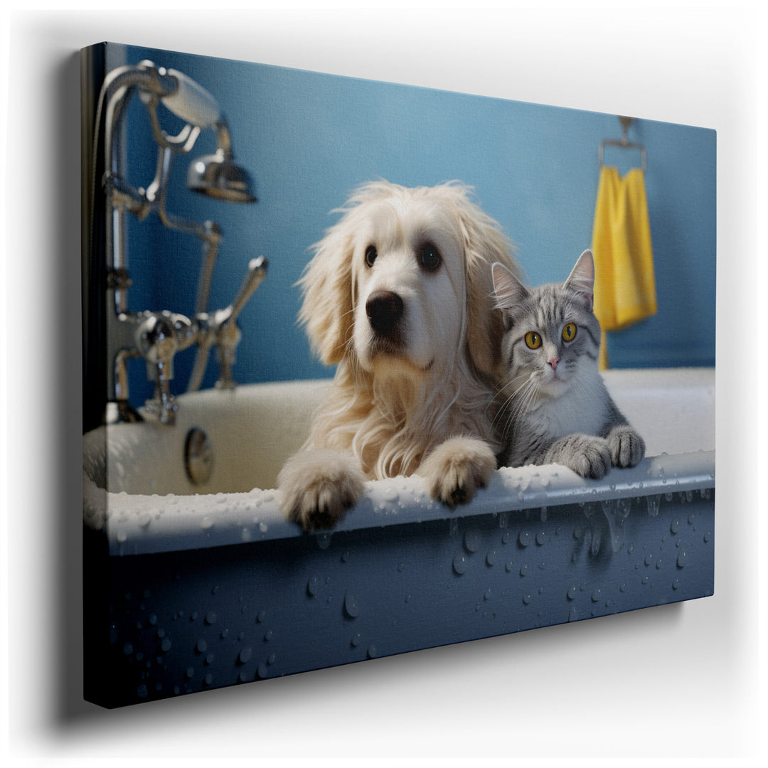 canvas print on wrapped canvas for wall decor – This delightful wall art portrays a heartwarming scene of interspecies friendship that is both touching and serene. The...
