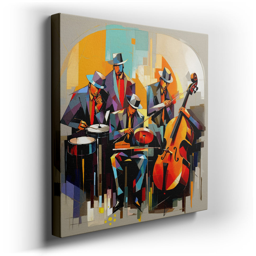 canvas print on wrapped canvas for wall decor – This wall art, a bold and modern interpretation of a jazz band, captures the essence of a lively musical performance wit...