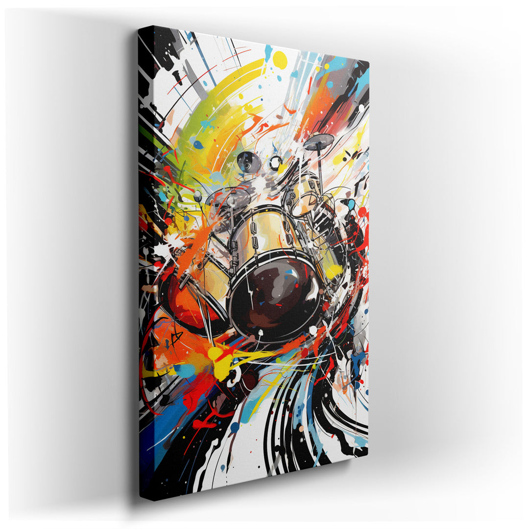 canvas print on wrapped canvas for wall decor – This wall art is a captivating abstract representation of a drum set, masterfully enveloped in a whirlwind of vibrant, s...