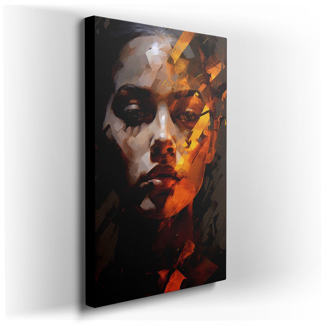 canvas print on wrapped canvas for wall decor – This wall art is a striking portrayal of a female figure, masterfully executed in an abstract style that captures both t...