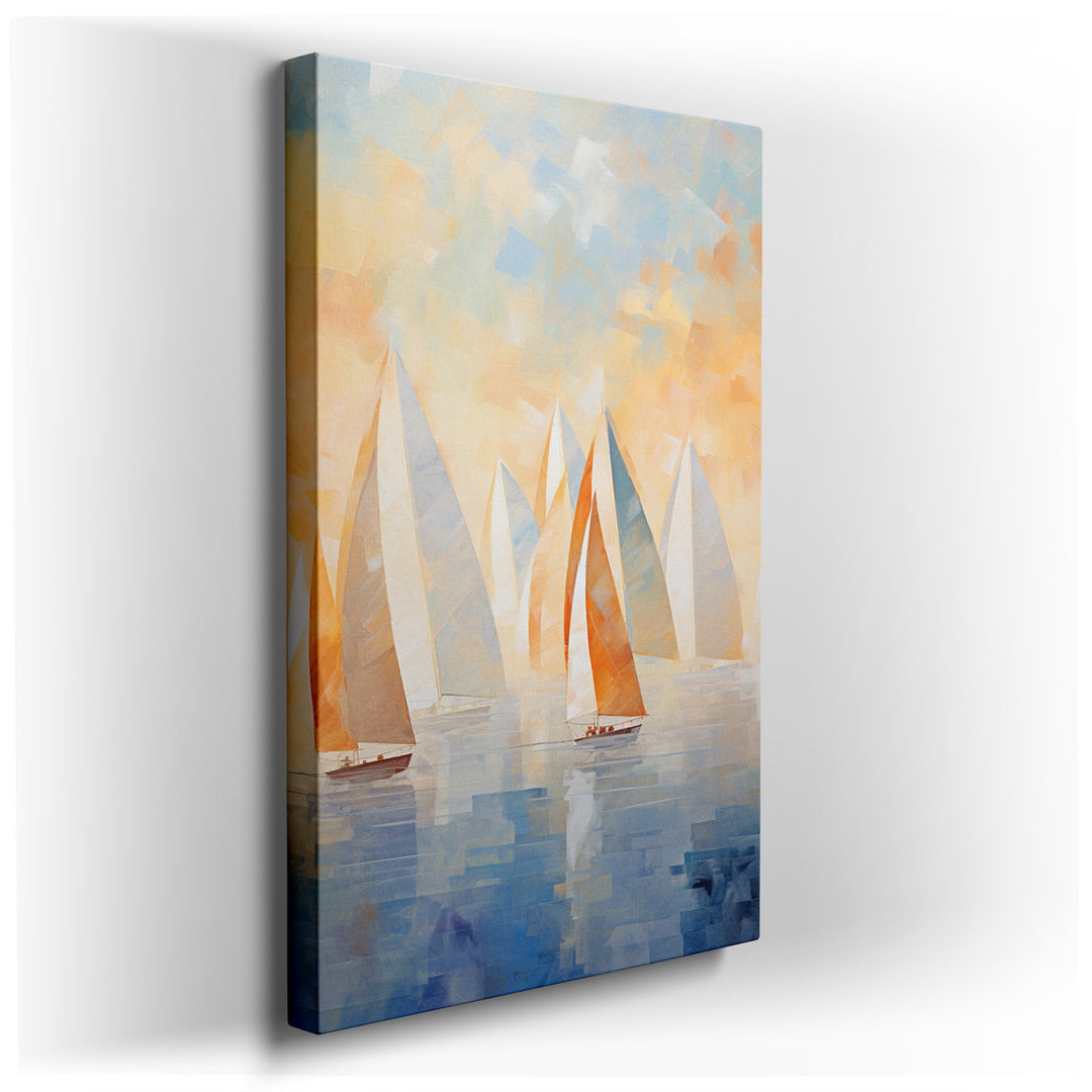 canvas print on wrapped canvas for wall decor – This wall art is an abstract interpretation of a fleet of sailing boats gracefully navigating the open waters. The artis...