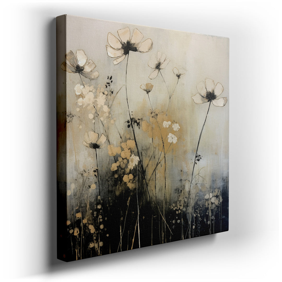canvas print on wrapped canvas for wall decor – This exquisite abstract floral wall art is a masterful blend of delicate botanical forms and shimmering gold accents, se...