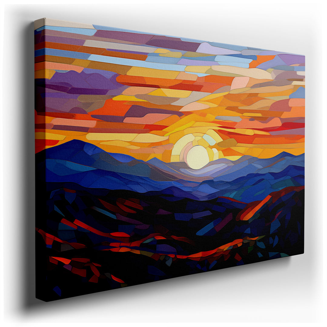 canvas print on wrapped canvas for wall decor – This wall art, a mesmerizing depiction of a mountain sunset, is an exquisite example of abstract art that combines the r...
