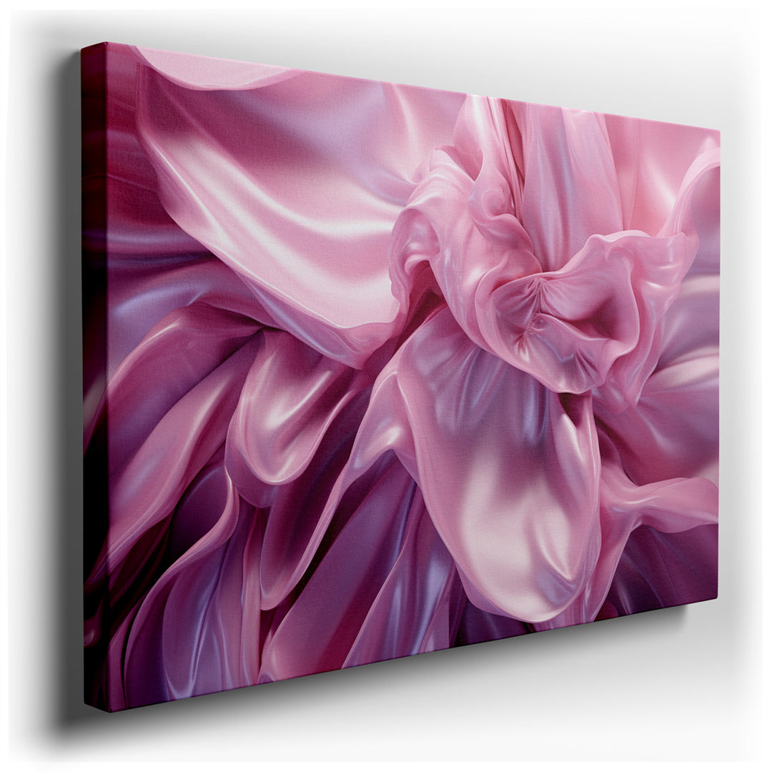canvas print on wrapped canvas for wall decor – This wall art, an abstract representation of flowing pink fabric waves, is a masterpiece of texture and movement, design...
