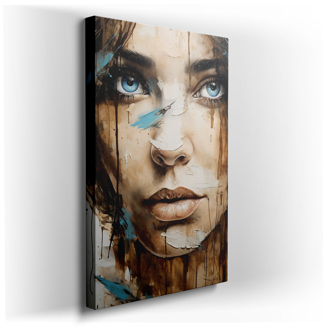 canvas print on wrapped canvas for wall decor – This wall art, a mesmerizing blend of abstract artistry and realistic portraiture, captures the essence of emotional dep...