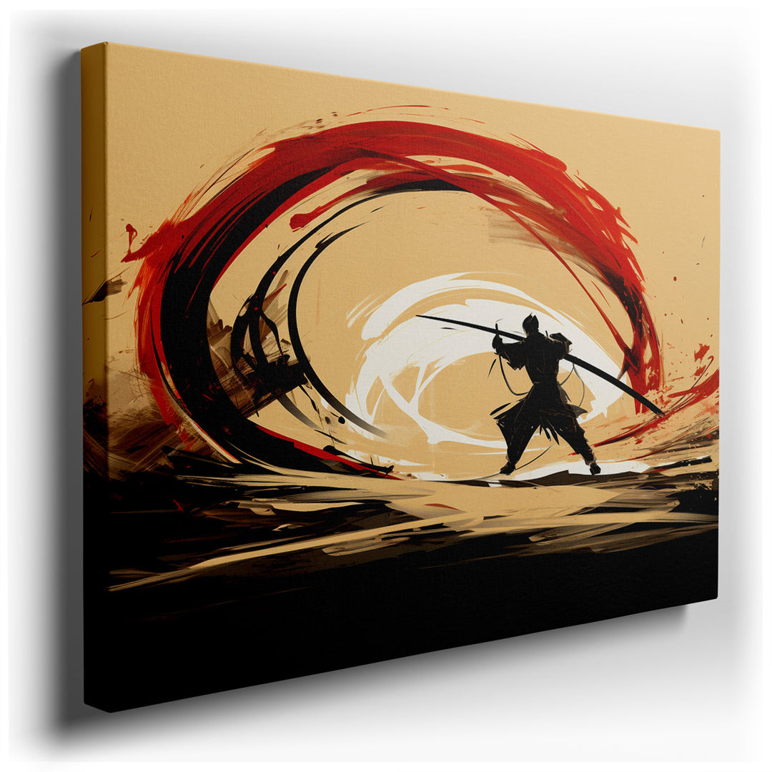 canvas print on wrapped canvas for wall decor – This captivating wall art presents an abstract interpretation of a samurai in mid-action, wielding a sword with both pre...