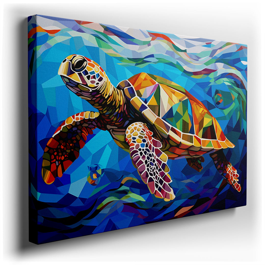 canvas print on wrapped canvas for wall decor – This wall art, a stunning abstract representation of a sea turtle gliding through the ocean, is a masterpiece that captu...