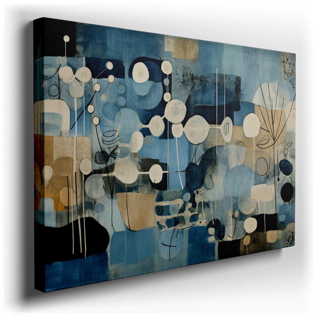 canvas print on wrapped canvas for wall decor – This exquisite abstract wall art is a masterful symphony of blue hues, intermingling with an array of shapes and pattern...