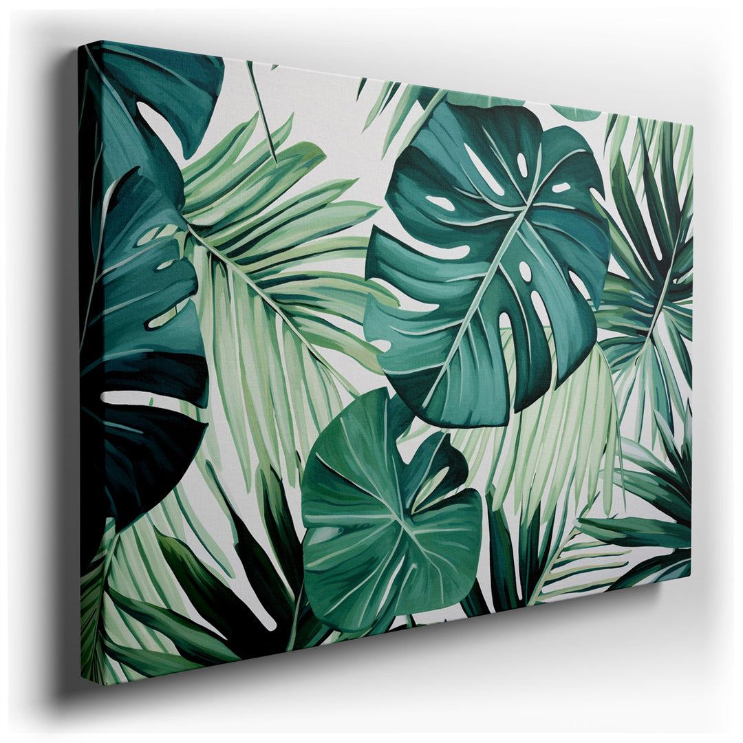 canvas print on wrapped canvas for wall decor – This wall art, a captivating composition of tropical leaves, is a masterful celebration of nature's diversity and intric...
