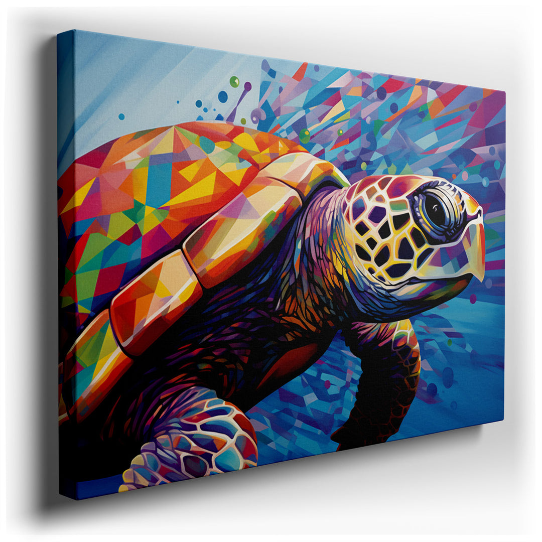 canvas print on wrapped canvas for wall decor – This captivating wall art portrays a turtle, rendered in a striking abstract style that is both vivid and imaginative, e...