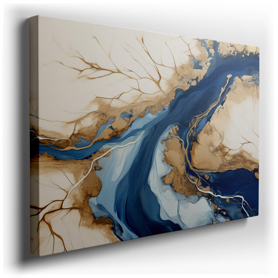 canvas print on wrapped canvas for wall decor – This exquisite wall art, a masterful composition of abstract art, captures the essence of flowing waterways with a palet...