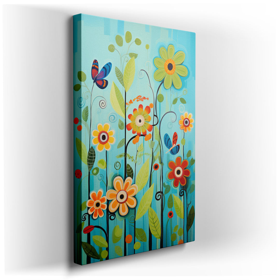 canvas print on wrapped canvas for wall decor – This enchanting wall art, brimming with whimsical flowers set against a vivid blue backdrop, is a masterpiece of creativ...