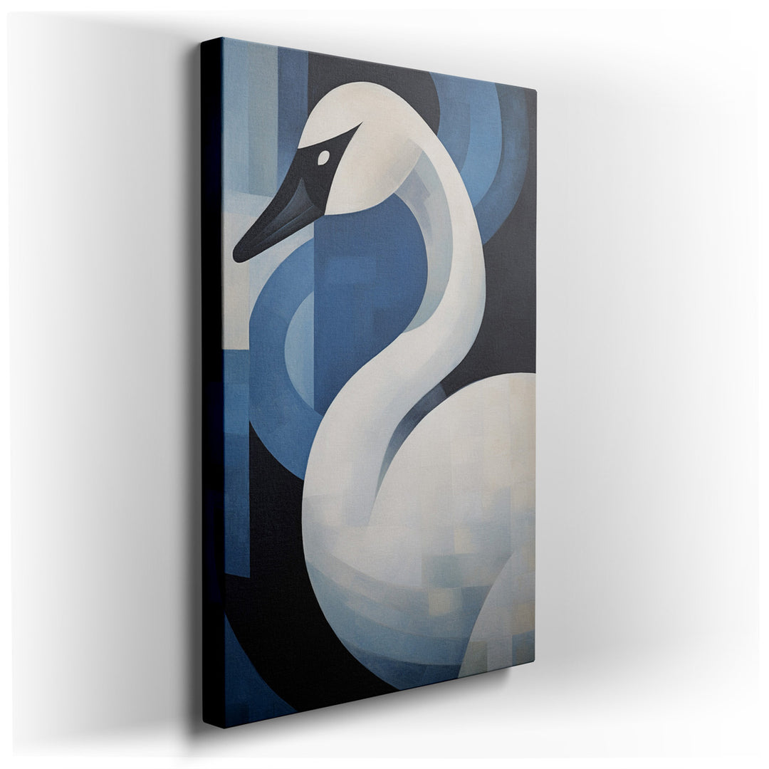 canvas print on wrapped canvas for wall decor – This wall art, a mesmerizing portrayal of an elegantly stylized white swan set against a vivid blue backdrop, is a maste...