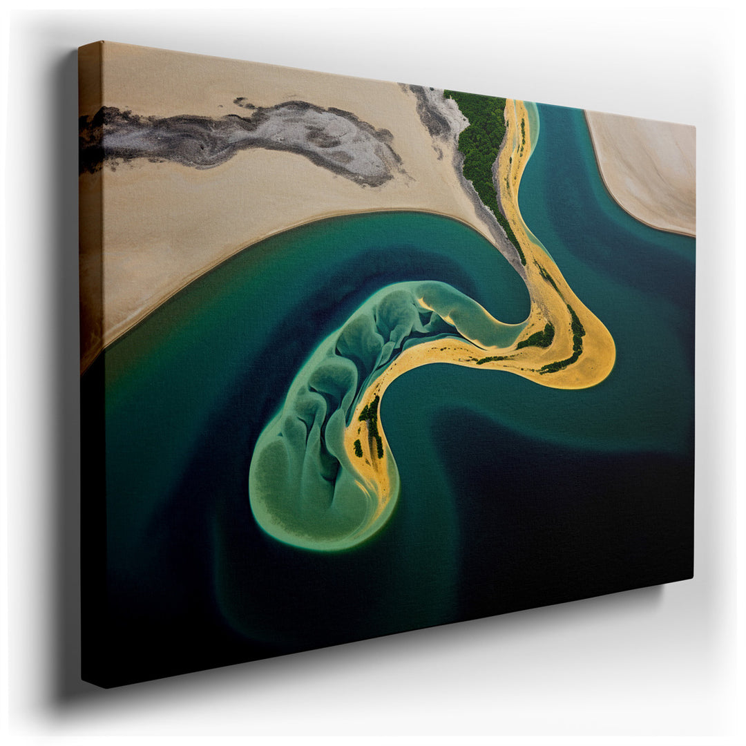 canvas print on wrapped canvas for wall decor – This wall art offers a breathtaking aerial perspective of an island, cradled by the gentle embrace of a winding river. T...