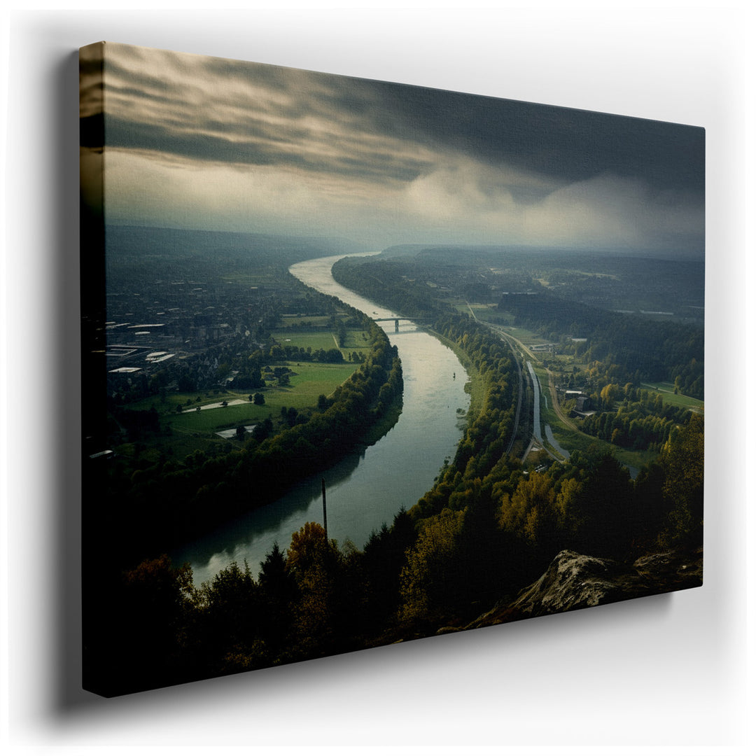canvas print on wrapped canvas for wall decor – This wall art captures a breathtaking aerial perspective of a serene river gracefully meandering through a verdant lands...