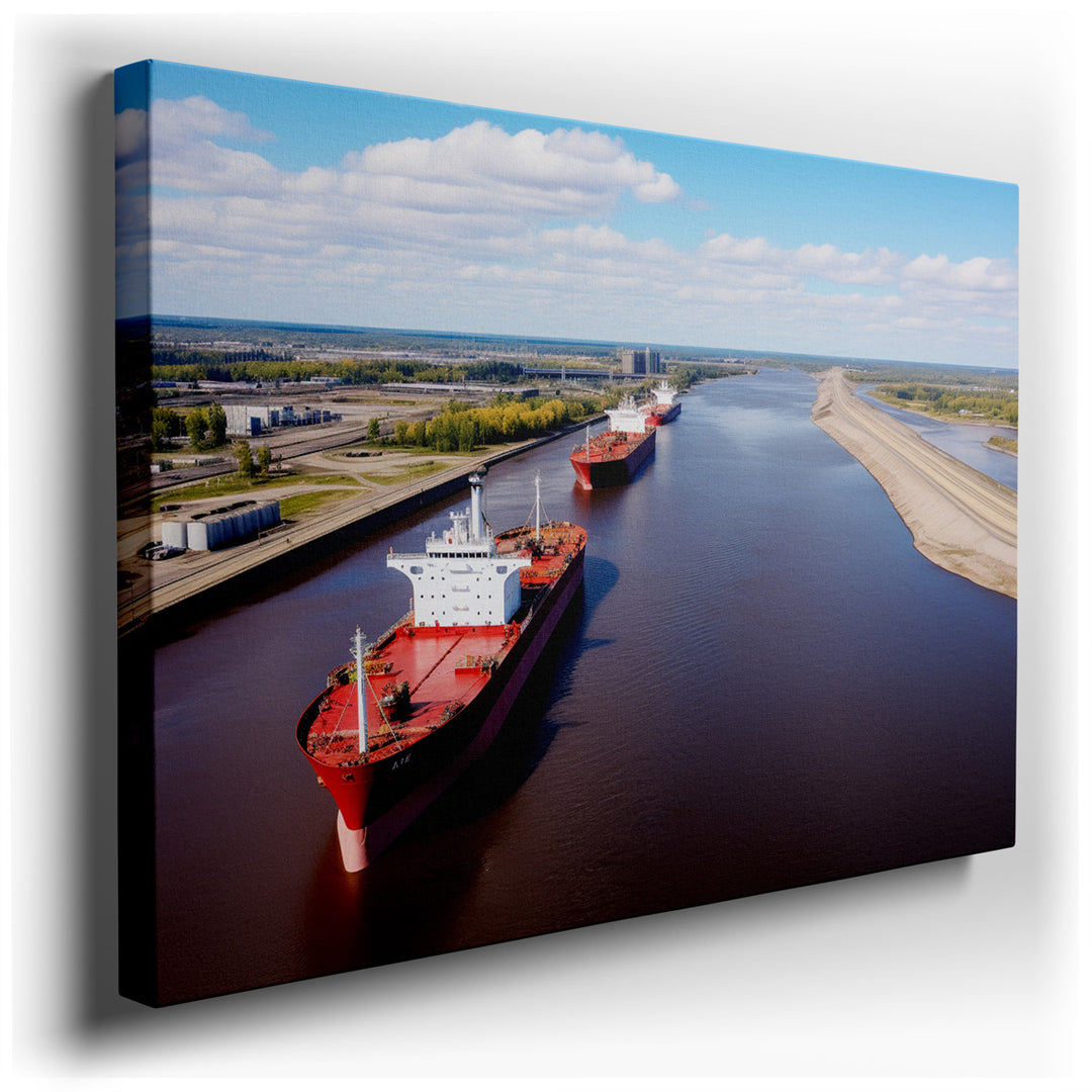 canvas print on wrapped canvas for wall decor – This captivating wall art offers a breathtaking aerial panorama that masterfully captures the essence of a bustling rive...
