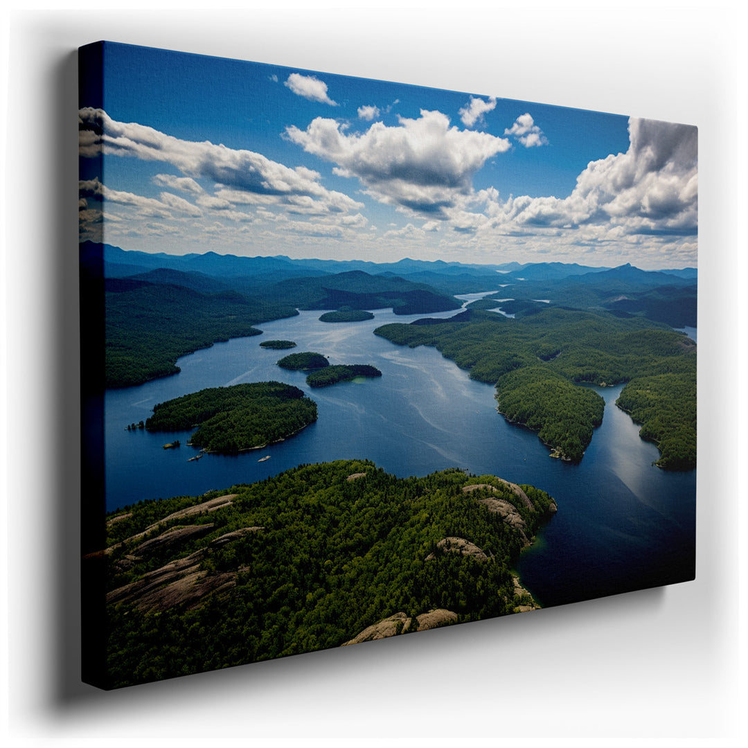 canvas print on wrapped canvas for wall decor – This wall art, an exquisite aerial portrayal of a verdant archipelago cradled by tranquil waters, is a masterpiece that...