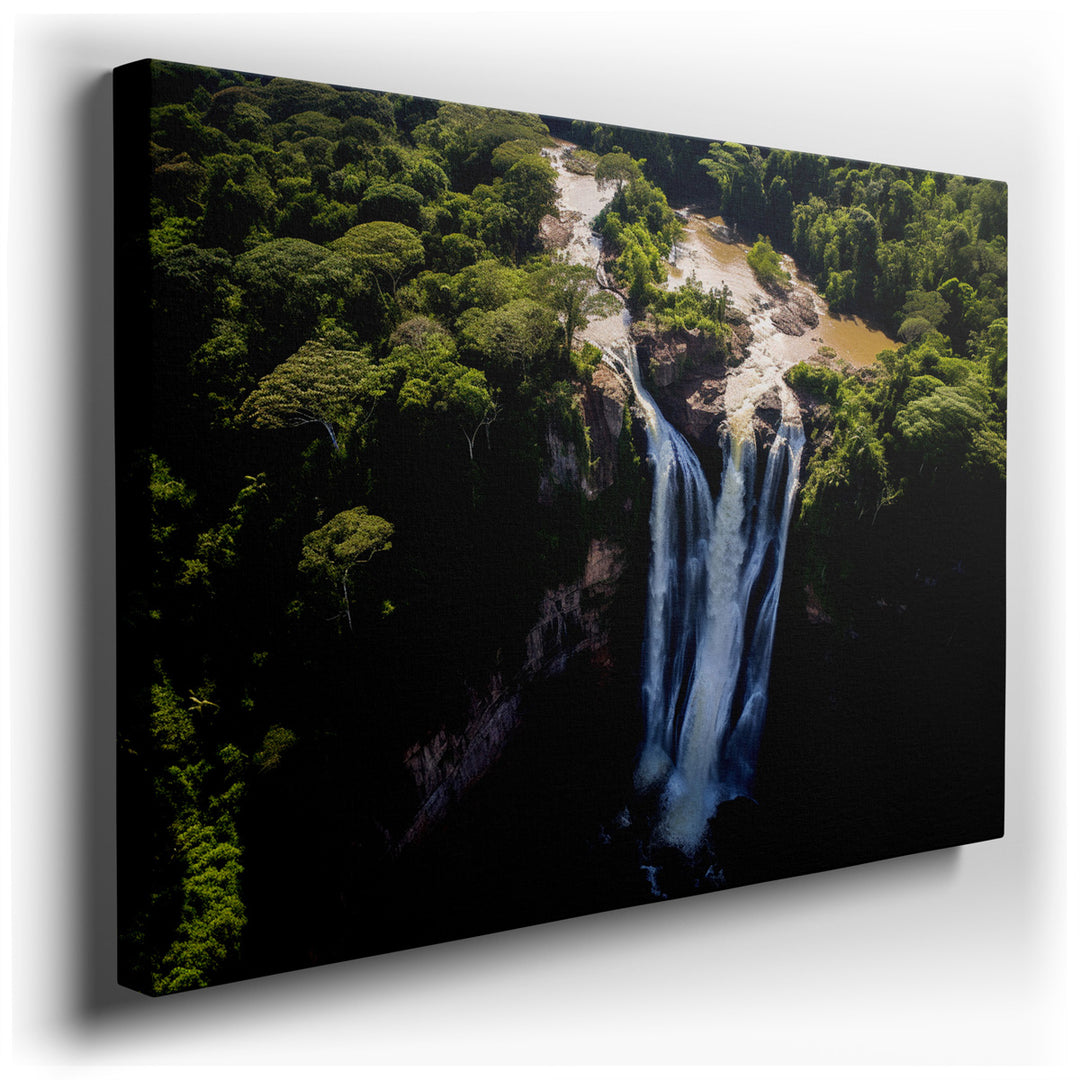 canvas print on wrapped canvas for wall decor – This wall art captures a truly awe-inspiring scene of nature's splendor, depicting a majestic waterfall cascading throug...
