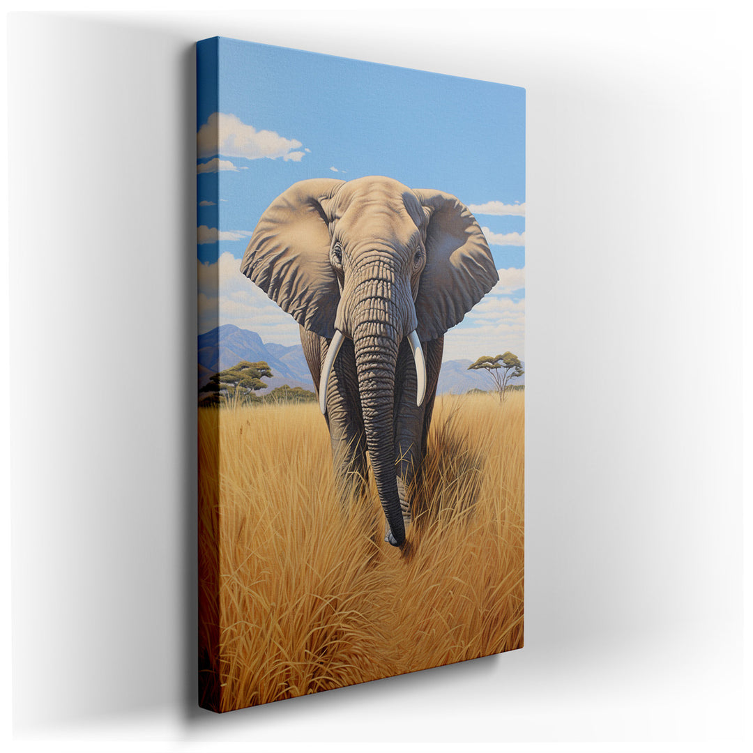 canvas print on wrapped canvas for wall decor – This exquisite wall art captures the essence of the majestic African elephant as it gracefully traverses a landscape of...