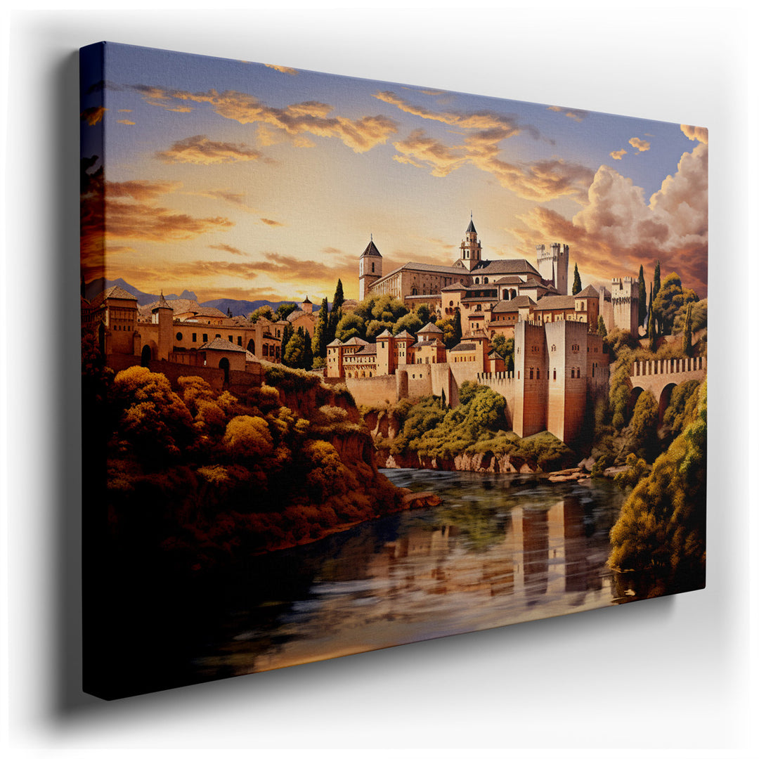 canvas print on wrapped canvas for wall decor – The wall art captures a breathtaking scene of the Alhambra, a fortress and palace that stands as a testament to architec...