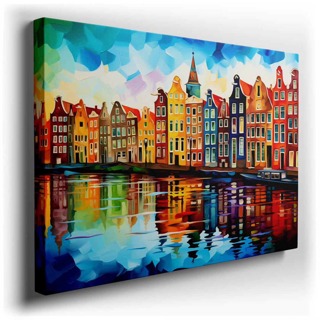 canvas print on wrapped canvas for wall decor – This enchanting wall art of Amsterdam offers a tranquil depiction of one of its serene canals, a scene that encapsulates...